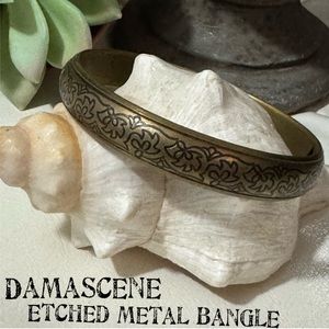 Vintage Damascene Etched Metal Bangle Style Bracelet-Brassy Tone